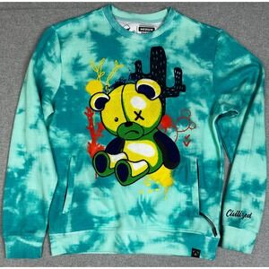 NEW Civilized Graphic 3D Sweatshirt Medium Teal Tie Dye Bear Chenille Graffiti